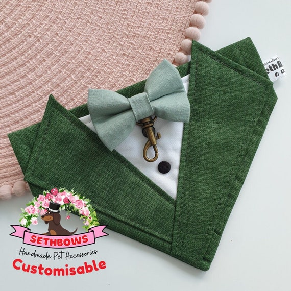 Handmade Dog Tuxedo Bandana – Hunter Green Linen Wedding Outfit