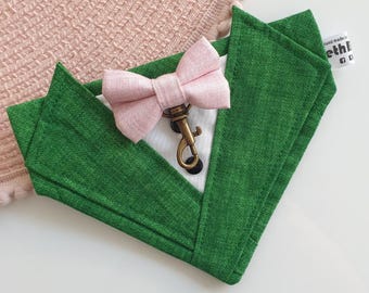 Handmade Dog Tuxedo Bandana – Emerald Linen Wedding Outfit