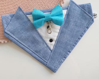 Handmade Dog Tuxedo Bandana – Chambray Linen Wedding Outfit