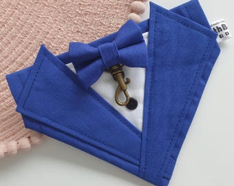 Handmade Dog Tuxedo Bandana – Blue Cotton Wedding Outfit