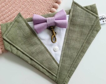 Handmade Dog Tuxedo Bandana – Sage Linen Wedding Outfit