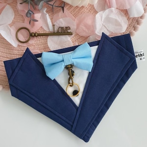 Bandana de esmoquin para perro hecha a mano: traje de boda azul marino para perro, traje de pajarita