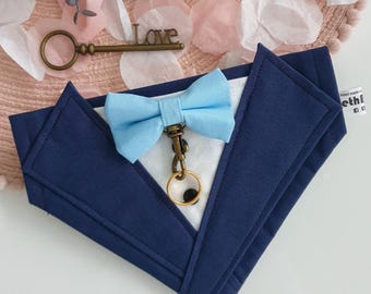 Bandana de esmoquin para perro hecha a mano: traje de boda azul marino para perro, traje de pajarita