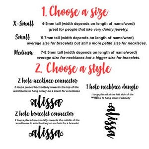 May include: Informational graphic with text in black and red on a white background. The text describes size and style options for personalized jewelry, including necklace and bracelet connectors. The name "alissa" is used as an example.