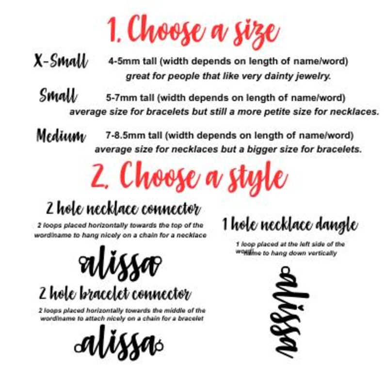 May include: Informational graphic with text in black and red on a white background. The text describes size and style options for personalized jewelry, including necklace and bracelet connectors. The name "alissa" is used as an example.