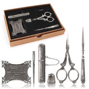 6pc Embroidery Tools Kit | Complete Needlework Set: Sewing Scissors, Awl, Bodkin, Winding Board, Thimble, & Needle Case