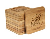Personalized Custom Engraved Bamboo Coasters - Simple Monogram Thick Script
