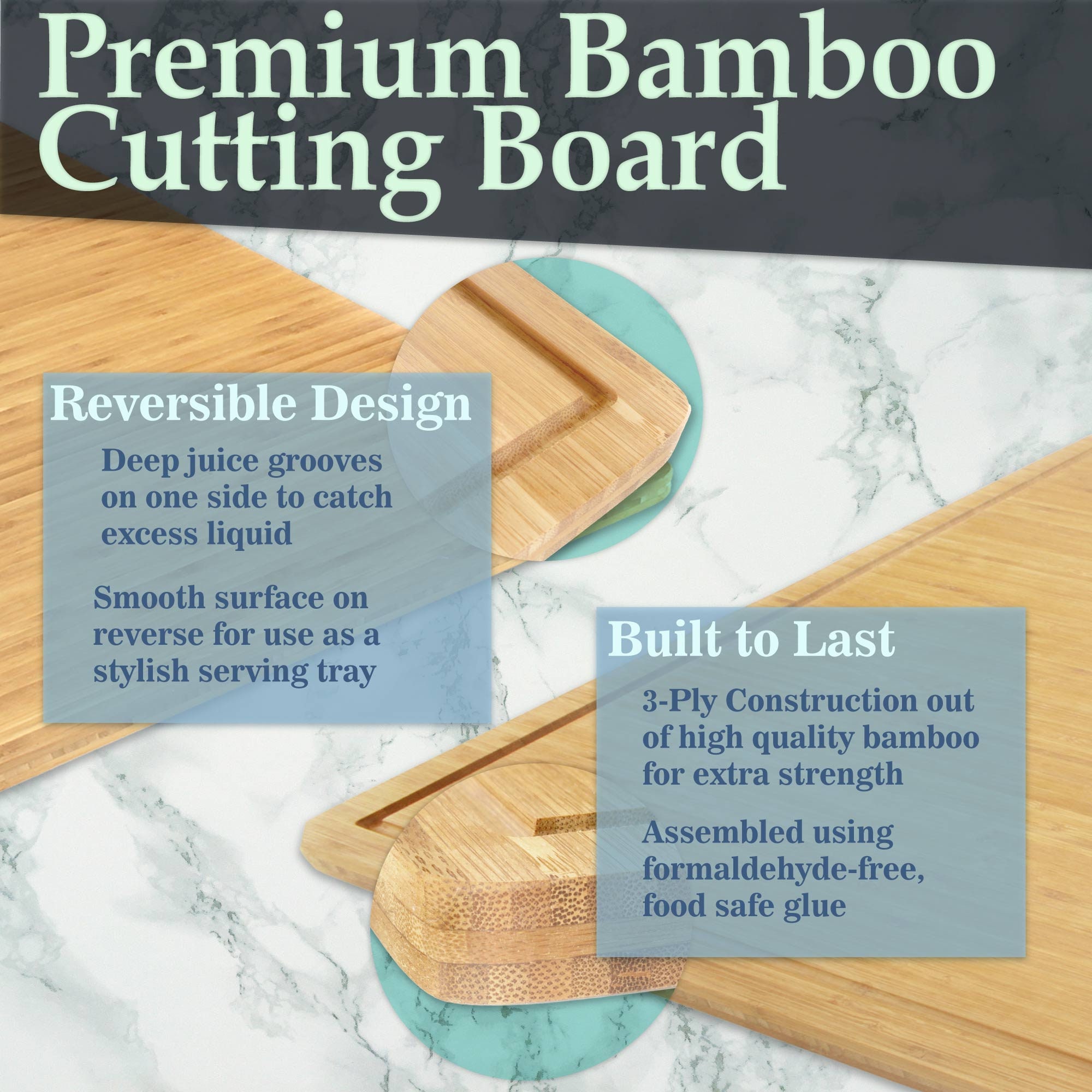 Premium Bamboo Cutting Board Set of 2 Large Chopping Board with Deep Juice