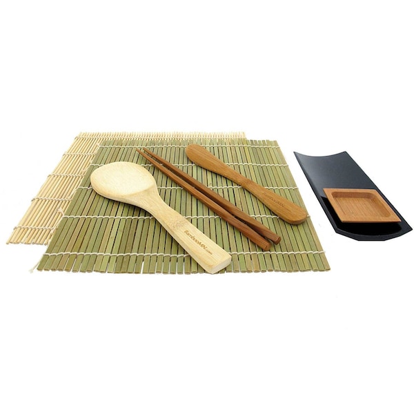BambooMN Sushi Making Kit with Serving Set - 2 Sushi Rolling Mats Makisu, Rice Paddle, Spreader, Black Serving Tray, Sauce Dish, Chopsticks