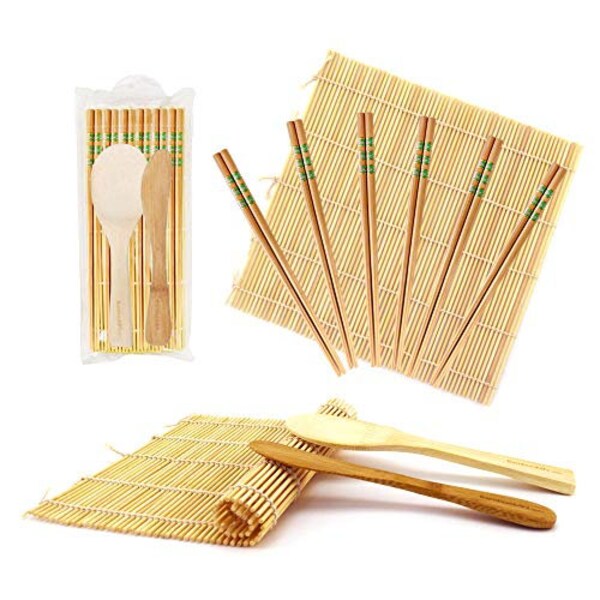BambooMN 10 Piece Complete Sushi Making Kit 2x Bamboo Rolling Mats, 1x Rice Paddle, 1x Spreader and 6 Pairs