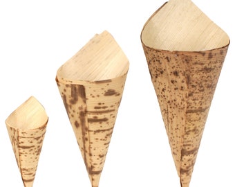 BambooMN Disposable Premium Bamboo Food Serving Leaf Cone - Multiple Sizes & Quantity Available