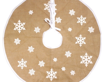 BambooMN Round Christmas Tree Skirt Floor Base Cover Decoration Holiday Collection Jute Burlap, Snowflake Edition