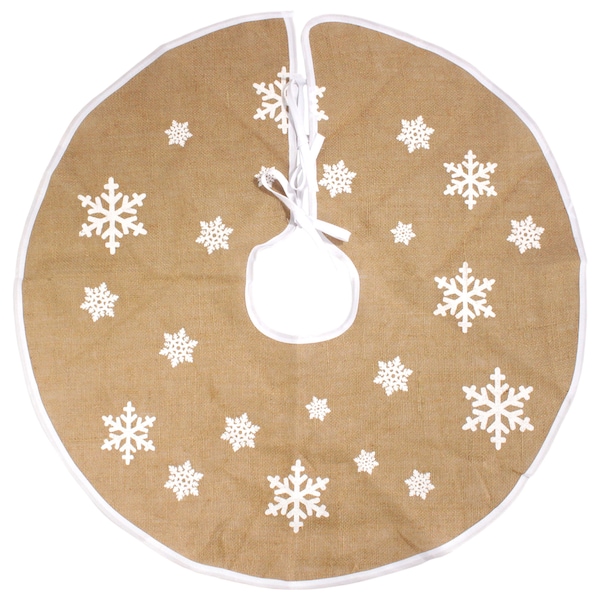 BambooMN Round Christmas Tree Skirt Floor Base Cover Decoration Holiday Collection Jute Burlap, Snowflake Edition