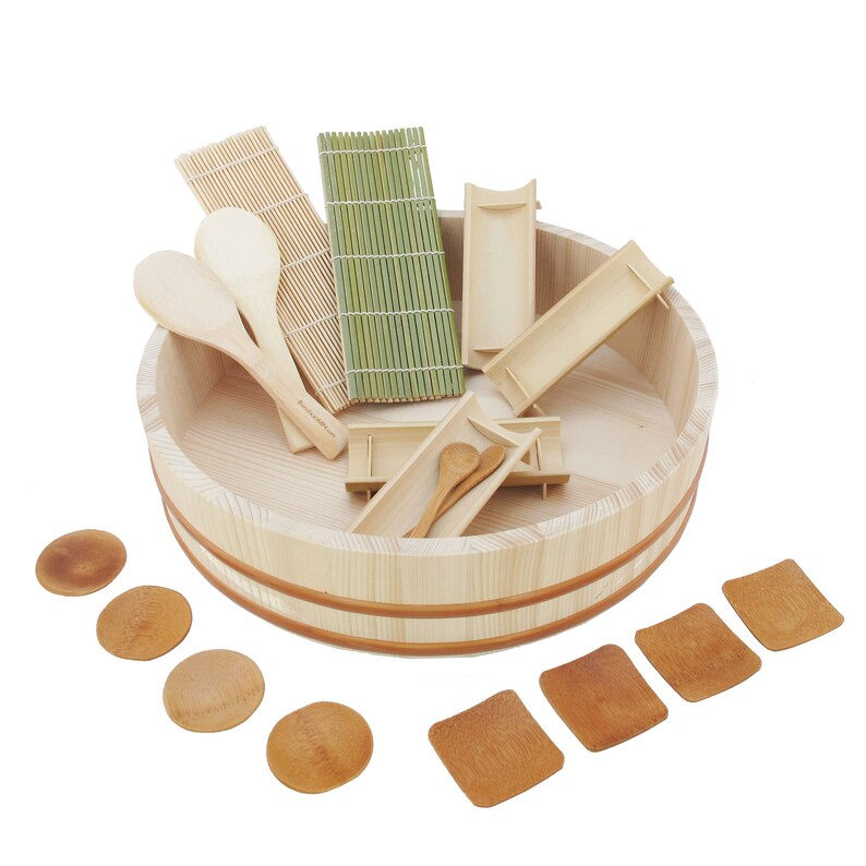 19 Piece Natural Sushi Making Kit, Tub Bowl and Sushi's Essentials Utensils