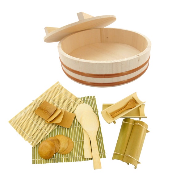 19 Piece Natural Sushi Making Kit, Tub Bowl and Sushi's Essentials Utensils  