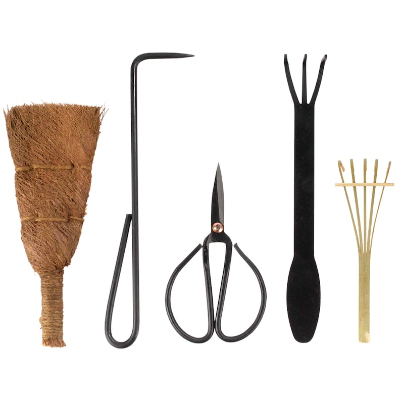 Bonsai 5pc Basic Care Set Root Rake, Shear, Root Pick, Bamboo brush, and Moss brush image 1