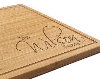 Personalized Bamboo Cutting Boards - Family Name Simple Script Font Monogram Style Engraving