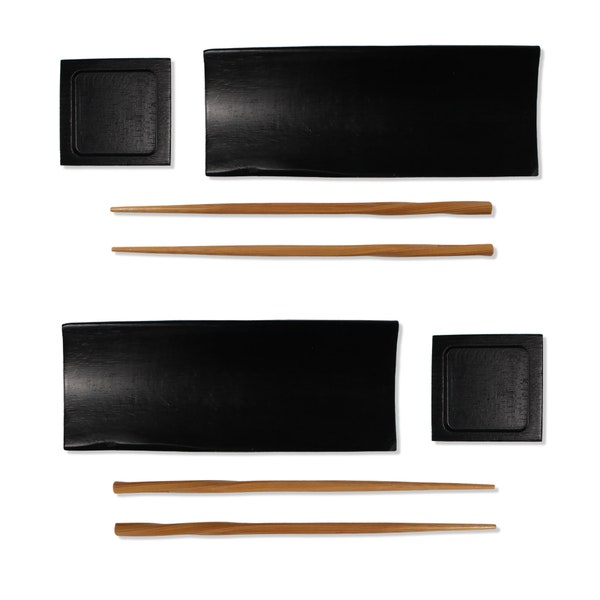 BambooMN 6 Piece, 2 Sets of 7" Reusable, Eco-Friendly, Bamboo Sushi Serving Plates/Trays: Chopsticks, and Soy Sauce Dishes Included!