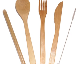 Bamboo Utensils - 2 Straws + 2 Forks + 2 Knives + 2 Spoons + 2 Straw Cleaners