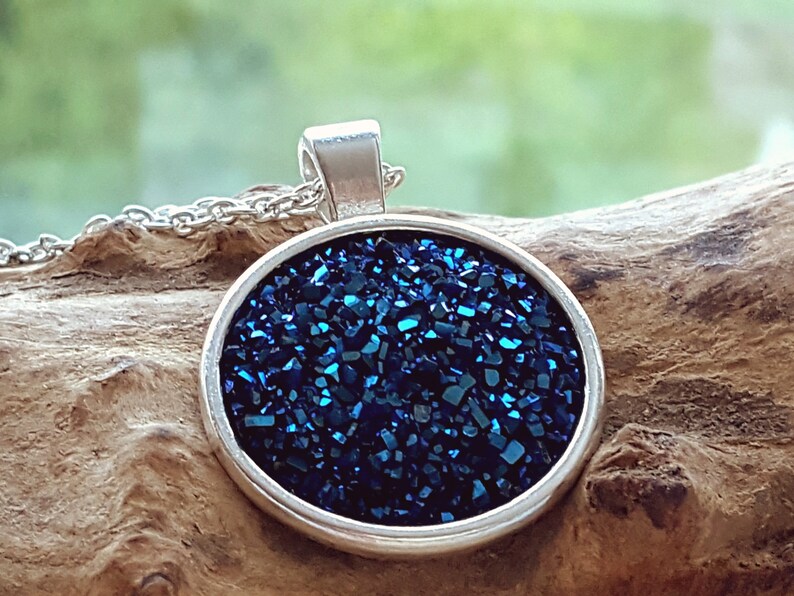 dark blue turquoise silver druus look silver link chain 75 cm carabiner pendant with chain starry sky sea Druzy