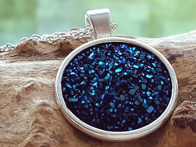dark blue turquoise silver druus look silver link chain 75 cm carabiner pendant with chain starry sky sea Druzy