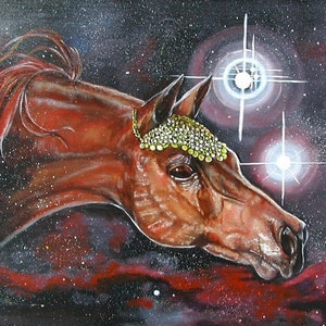 May include: A painting of a brown horse with a gold jeweled headpiece against a dark background with white stars. The horse's mane is red and flowing. The background is a dark blue with red and purple clouds.