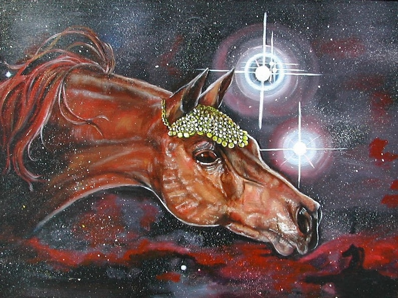 May include: A painting of a brown horse with a gold jeweled headpiece against a dark background with white stars. The horse's mane is red and flowing. The background is a dark blue with red and purple clouds.