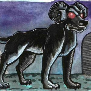 May include: A black dog with ram horns and glowing red eyes stands in front of two gray tombstones. The dog is depicted in a watercolor style with black ink outlines.