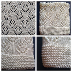 May include: Four close-up images of white crocheted fabric with different stitch patterns. The fabric is soft and delicate, with a lacy appearance. The images show the fabric from different angles, highlighting the intricate details of the stitches.