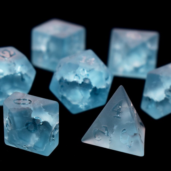 Raised Light Blue Blast Glass Dice, Red Dungeon And Dragon Dice Set, D&D Dice, Frosted Lightning Zircon, RPG, Tabletop Dice, Dice Rock