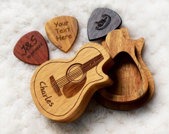 Personalized Wooden Guitar Pick with Case, Custom Wood Guitar Pick Storage, Engraved Guitar Box for Picks, Gift for Music Player / Guitarist