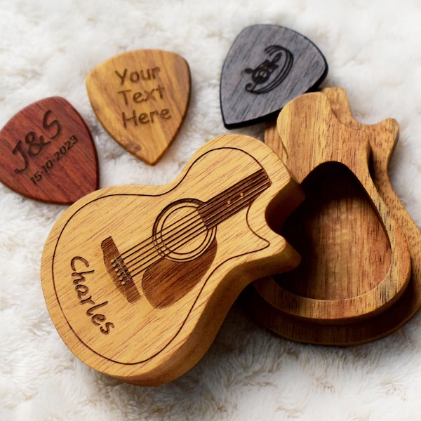 Personalized Wooden Guitar Pick with Case, Custom Wood Guitar Pick Storage, Engraved Guitar Box for Picks, Gift for Music Player / Guitarist