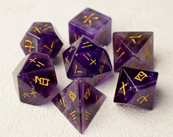 Amethyst Kanji Dice, Gemstone Dice, Dungeon And Dragon Dice Set, Astrology Dice, D&D Stone Dice, Wizard Dice, MTG Dice, RPG / Tabletop