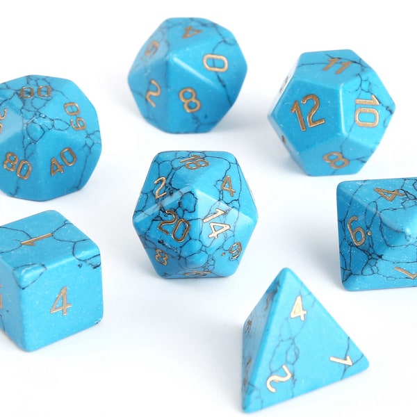 Dungeon and Dragon Dice Set, Engraved Semi-Precious Gemstone Dice, Blue Turquoise Dice, Wizard Dice, D&D Dice, RPG or Tabletop Game
