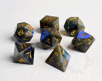 Dark Green Cat's Eye Kanji Dice, Gemstone Dice, Dungeon And Dragon Dice Set, Astrology Dice, D&D Dice, Wizard Dice, MTG Dice, RPG / Tabletop