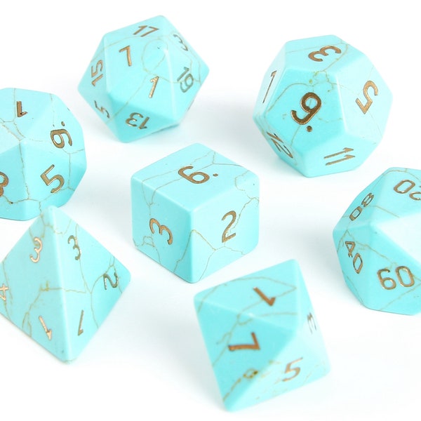 Dungeon and Dragon Dice Set, Engraved Semi-Precious Gemstone Dice, Green Turquoise Dice, Wizard Dice, D&D Dice, RPG or Tabletop Game