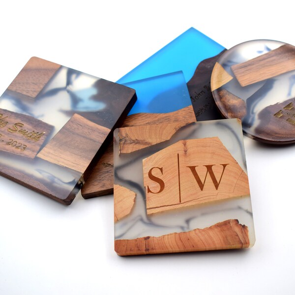 Personalized Couple Name Engagement Coaster, Anti-scald Walnut Epoxy Coasters, Custom Engraved Wooden Date Coaster, Gift for Her Him Family