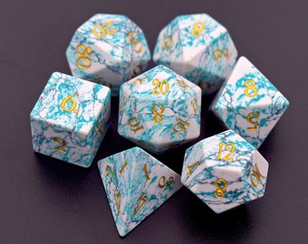 Engraved Gemstone Dice Set, Full Dungeon and Dragon Dice Set, White Buffalo Turquoise  Dice, D&D Dice, RPG or Tabletop Game, Wizard Dice