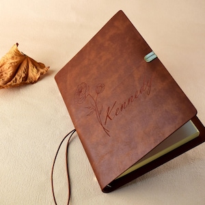 Personalized Birth Flower Notebook, Customized Logo Leather Journal, Custom Name Leather Journal, A5 Name Diary, Book Lover Gift, Bussiness