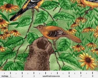 Maryland State Bird Baltimore Oriole and Black Eyed Susan Flower Cotton Quilt Fabric by Susan Ellis for Northcott OOP 676-72