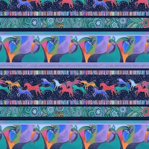 May include: A repeating pattern featuring stylized horses in various colors. The design includes rows of horses with vibrant hues of blue, green, orange, and purple. The background is a dark navy blue with decorative floral and striped borders.
