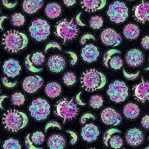 Clothworks ~ Celestial Magic by Laurel Burch ~ Purple Eclipsed Sun Moon Toss on Black Cotton Fabric by the Yard or Select Length ~ Y3161-3
