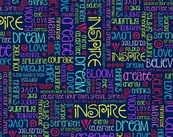 Clothworks Celestial Magic by Laurel Burch Navy Blue Inspire Word Text Cotton Fabric by the Yard or Select Length Y3162-93