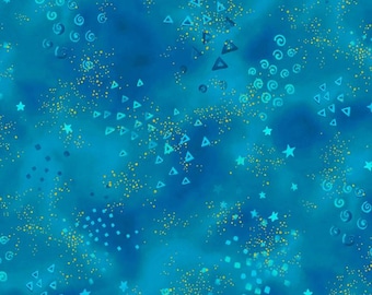 Clothworks Laurel Burch Basics, Glitter Dark Aqua with Gold Metallic Cotton Fabric Y0808-34M