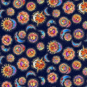 Clothworks Laurel Burch ~ Celestial Magic Orange Eclipsed Sun and Moon Toss on Navy Cotton Fabric by the Yard or Select Length ~ Y3161-93