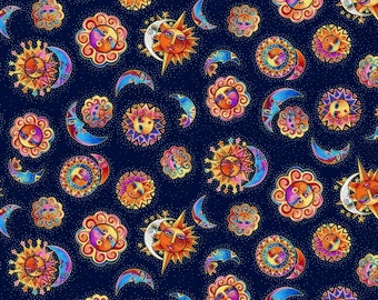 Clothworks Laurel Burch Celestial Magic Orange Eclipsed Sun and Moon Toss on Navy Cotton Fabric by the Yard or Select Length Y3161-93
