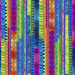 May include: A colorful abstract pattern with vertical stripes of various geometric shapes and designs. The pattern features a mix of bright colors, including blue, green, orange, pink, and purple.