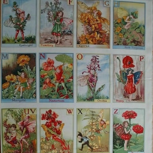 May include: A vintage alphabet chart featuring colorful illustrations of fairies and flowers. Each letter is paired with a different flower and fairy, with the flower's name listed below. The chart is printed on thick paper and has a slightly worn appearance.
