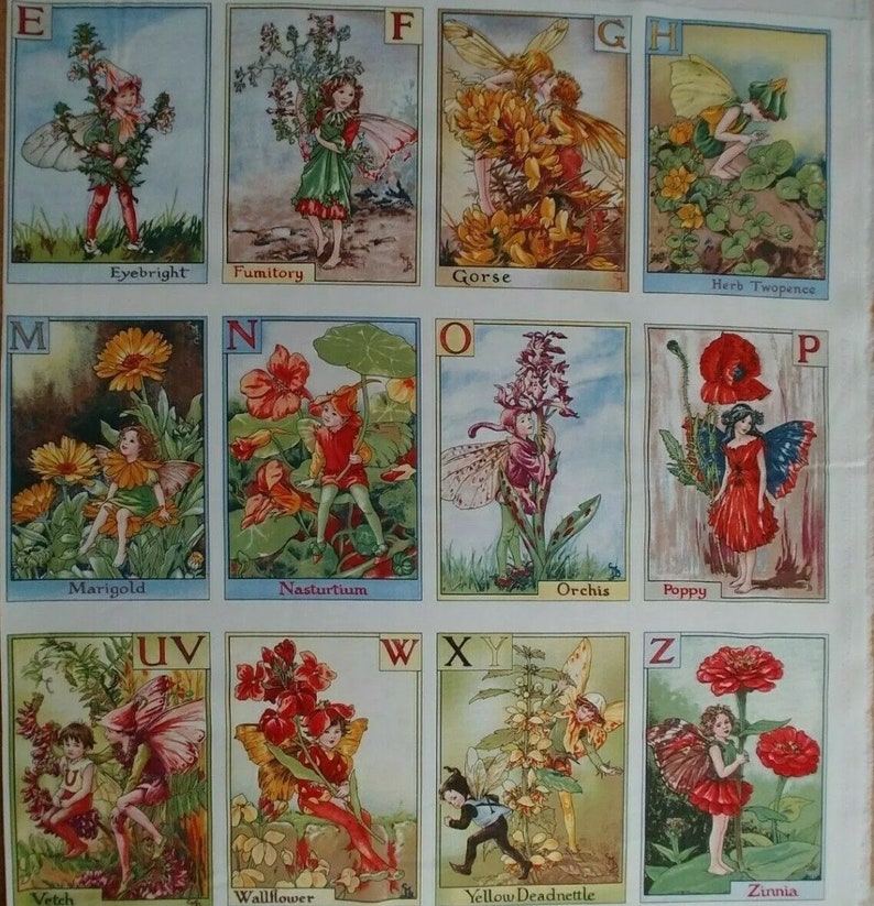 May include: A vintage alphabet chart featuring colorful illustrations of fairies and flowers. Each letter is paired with a different flower and fairy, with the flower's name listed below. The chart is printed on thick paper and has a slightly worn appearance.