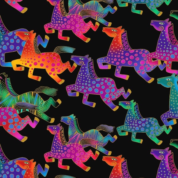 Fiesta Horses by Laurel Burch Running Wild on Black Cotton Quilt Fabric Clothworks Y3410-3M